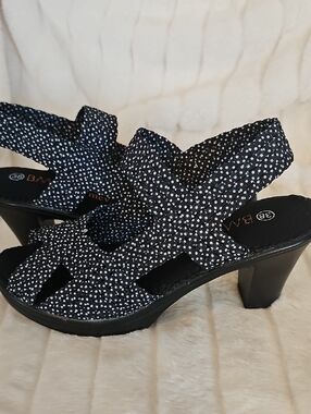 bernie mev. Black and White Dot Slingback Block Heels
